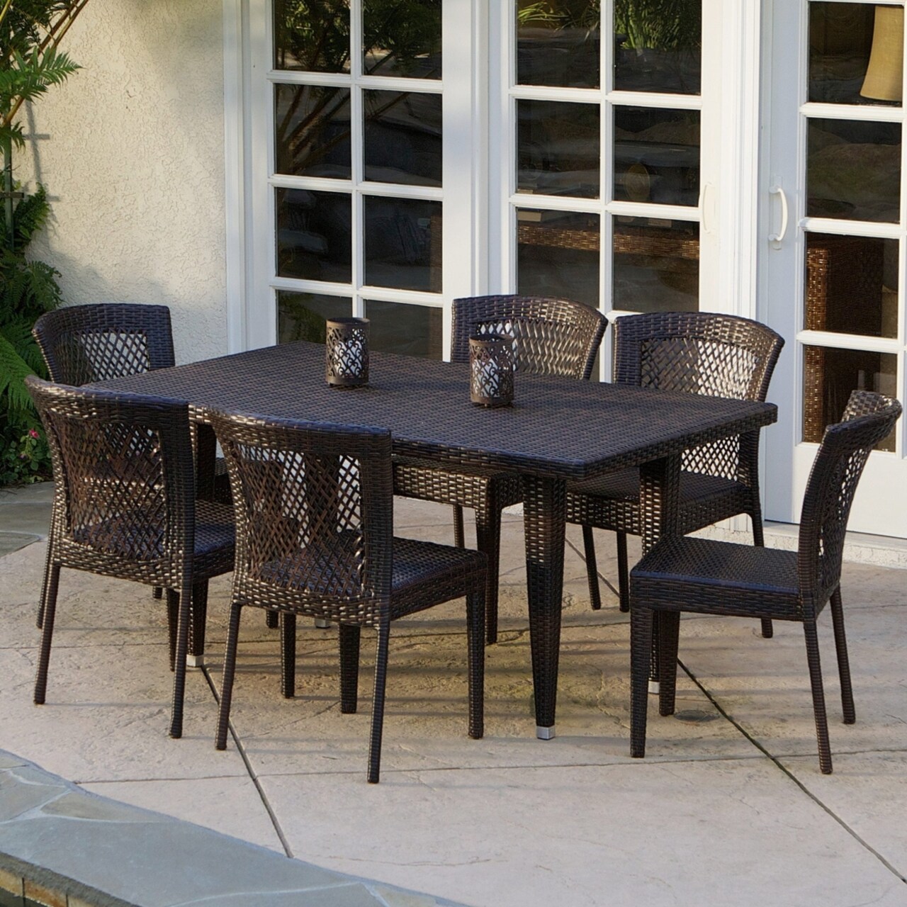GDF Studio Dana Point 7-pc Outdoor Patio Furniture Brown Wicker Dining Set